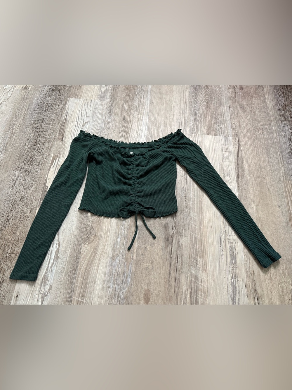 Me to We Dark Green Off-Shoulder Ribbed Long Sleeve Top with Front Drawstring